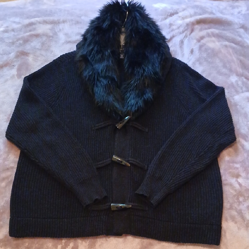 Chaps Button-Up, Faux Fur Black Knit Sweater Women's XL